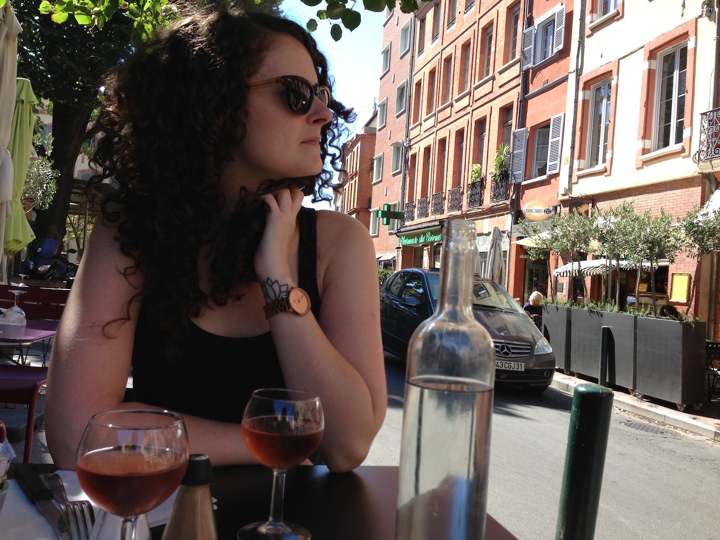 Lunch at Marché de Carmes with wine.