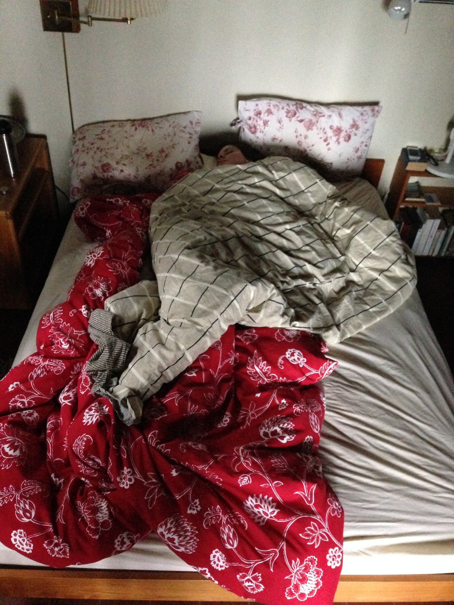 this is a picture nic took of me in gig harbor. you can clearly see that i am sleeping, and you can clearly see that i am in the middle of the bed. as we have an ongoing disagreement about JUST WHO is always taking up all the room, this was damning evidence. also, we don't have any cute pictures of us together as a couple that would be appropriate to post with the news that we're getting married because we only take pictures of things like jars of pickles, weird art and sneaky pictures of the other one WHILE SLEEPING LIKE AN ANGEL. 